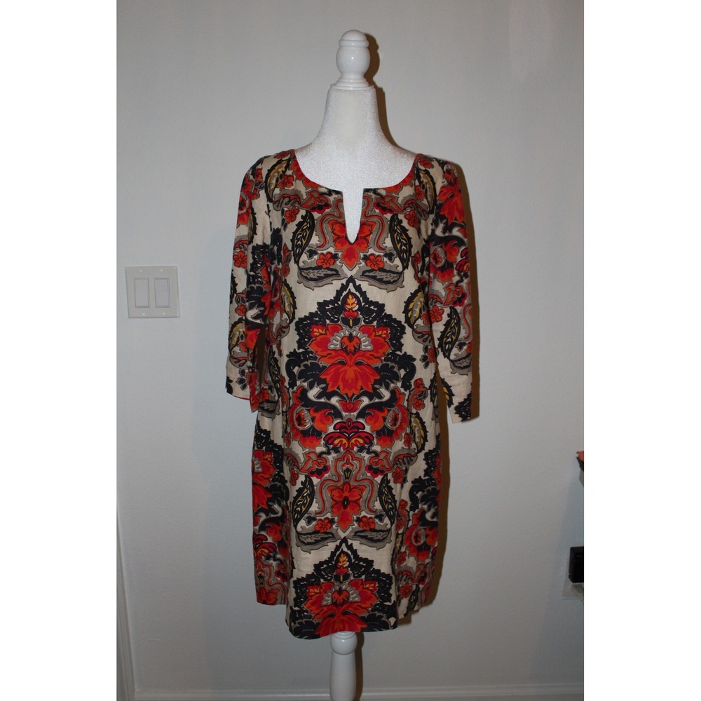 J.Crew Women's Red Orange Floral Medallion 100% Linen Shift Dress Pockets Size 6